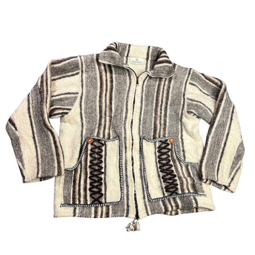 Inkaculture Women Large 100% Alpaca Wool Full Zip Jacket Striped Boho Peru Retro